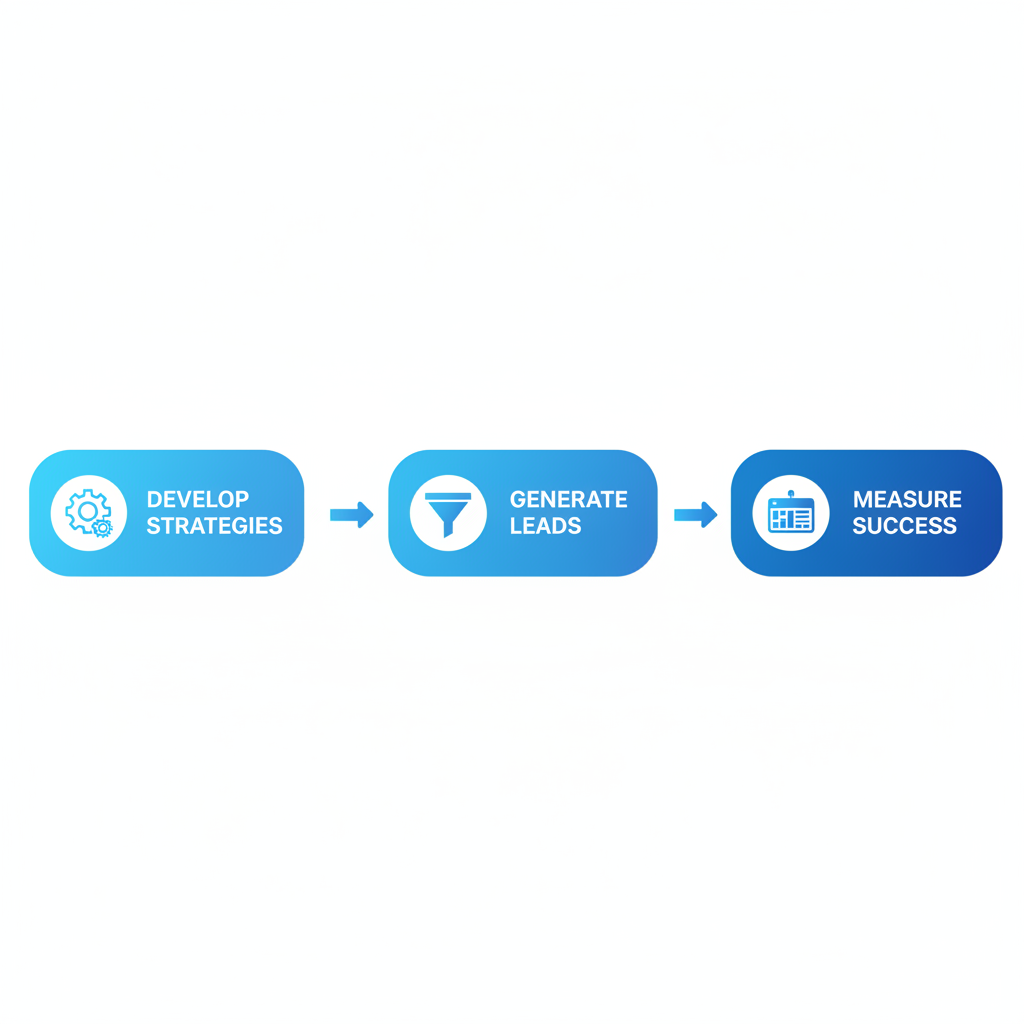 Horizontal process flow diagram showing three stages of B2B SaaS content marketing agency operations: strategy development, lead generation, and success measurement.