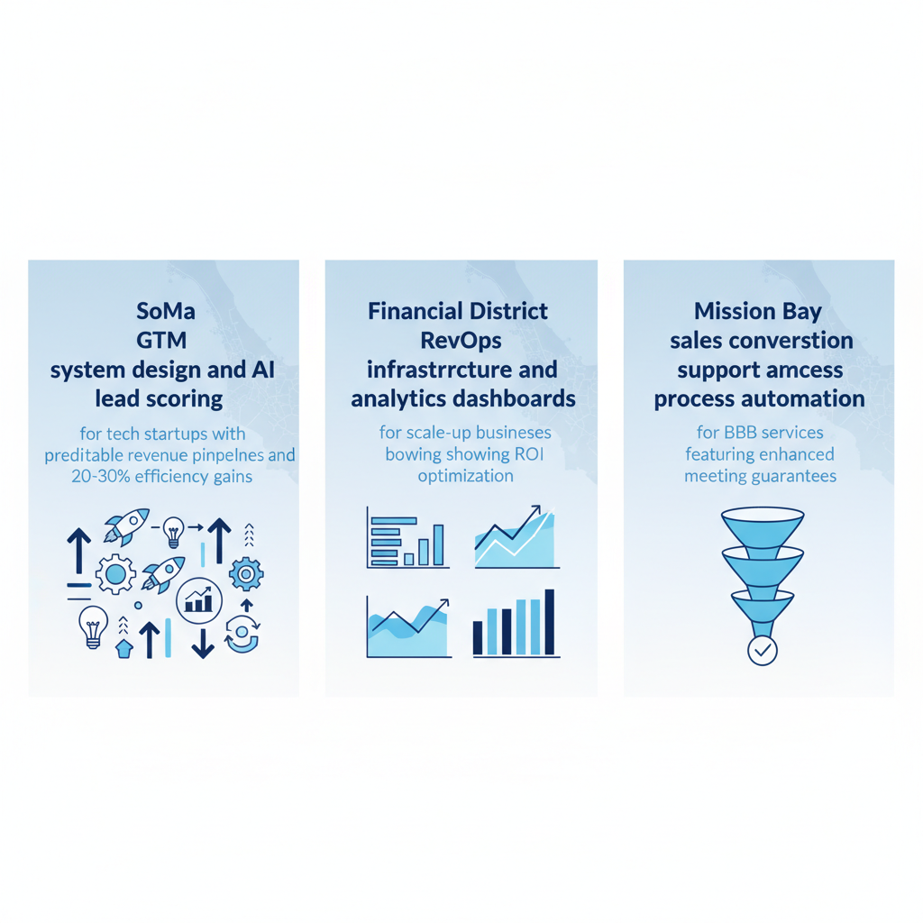 Infographic illustrating RevOps consulting focus areas in San Francisco districts: SoMa, Financial District, and Mission Bay with icons, arrows, charts, and funnels.