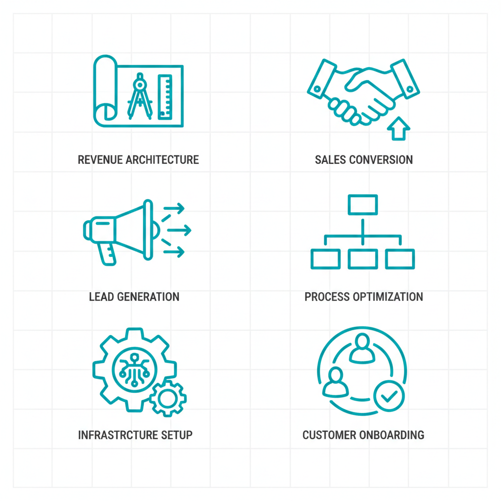 Grid of six icons illustrating key RevOps services for B2B businesses in San Francisco