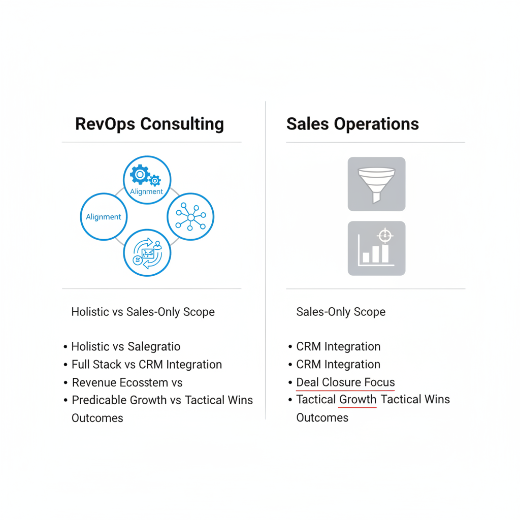 Infographic comparing RevOps consulting and sales operations with icons and key differences
