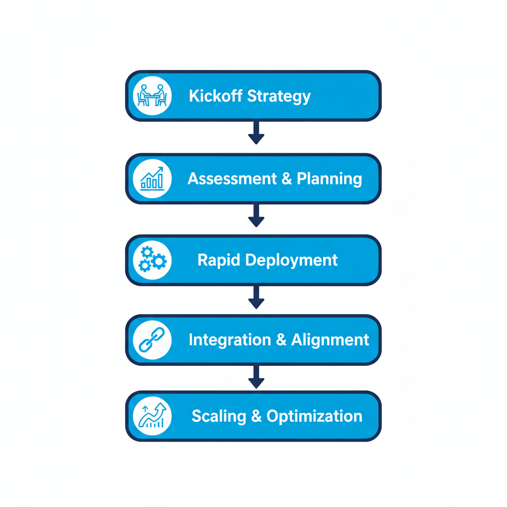 Vertical process flow diagram illustrating five stages of RevOps consulting for B2B growth systems