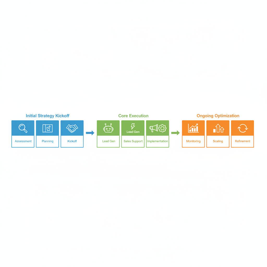 Horizontal process flow diagram illustrating the three phases of RevOps consulting implementation: strategy kickoff, core execution, and ongoing optimization with relevant icons and color-coded stages.