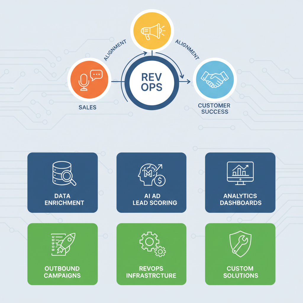 Infographic showing core elements of Revenue Operations consulting: aligned teams, key tech components, and tailored services for B2B growth.