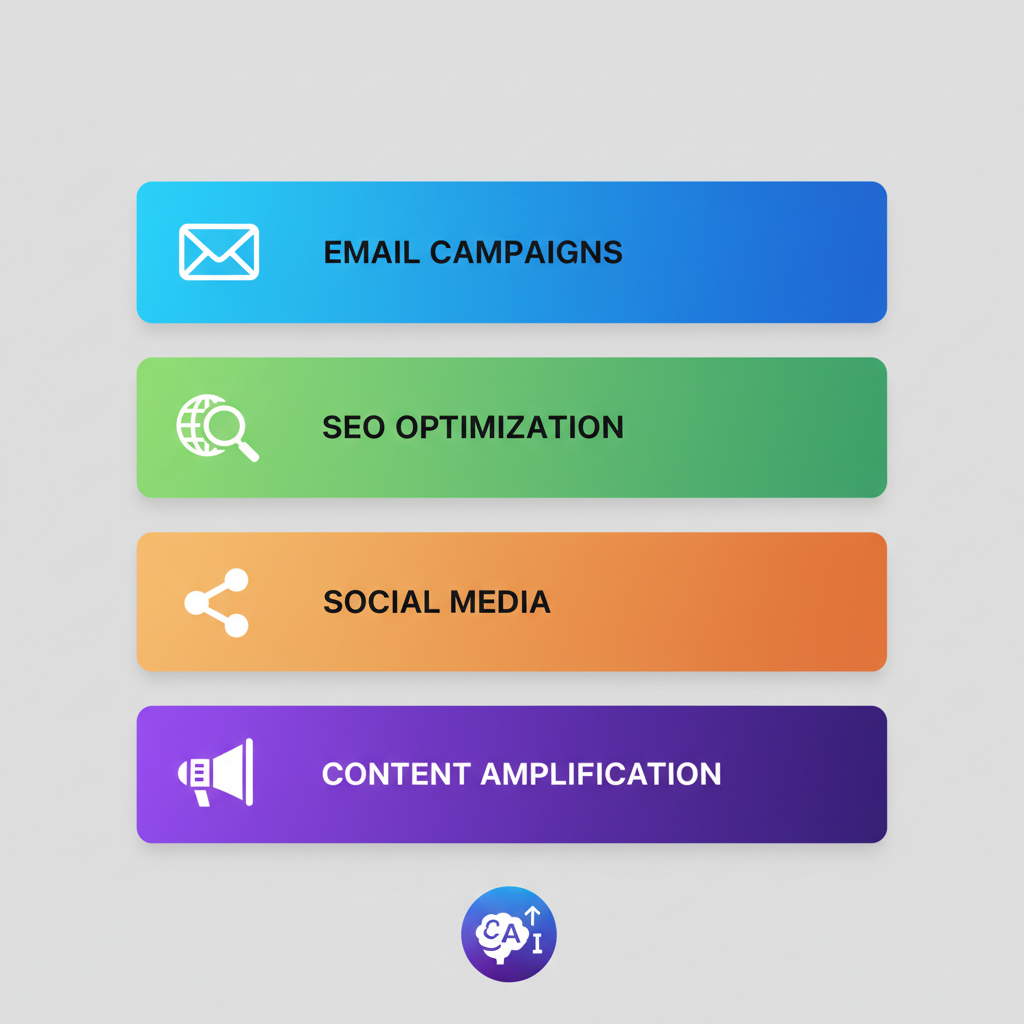 Process flow diagram illustrating multi-channel demand generation tactics for B2B SaaS including email, SEO, social media, and content amplification.