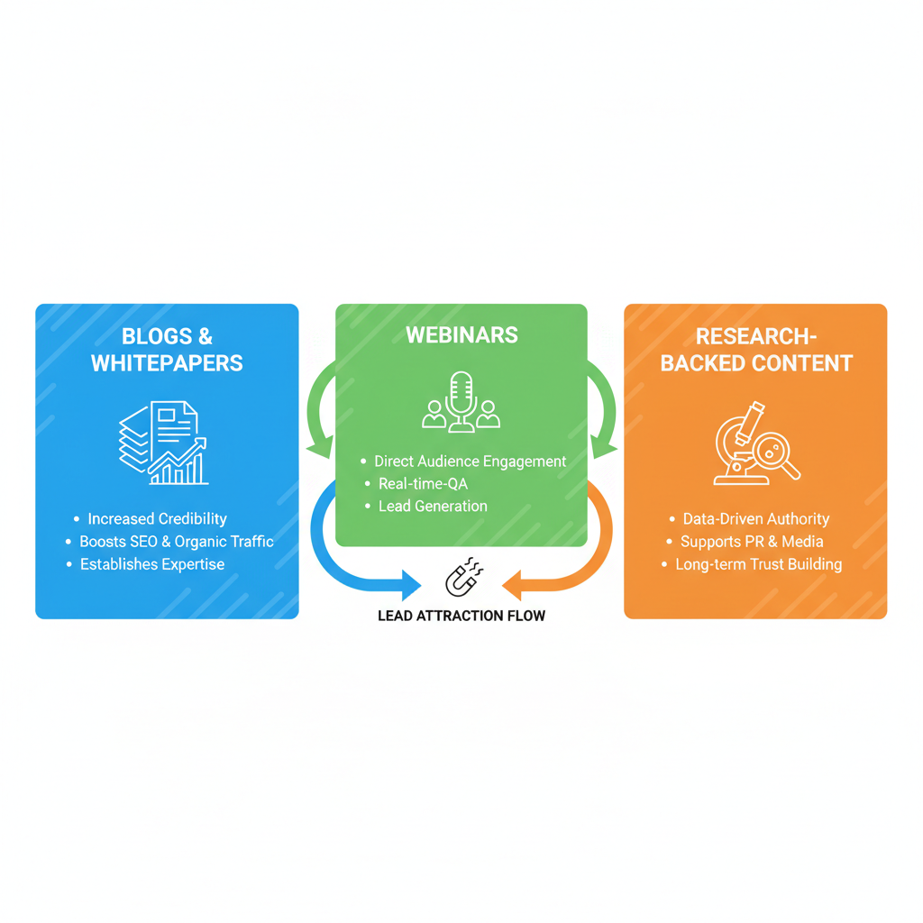Infographic illustrating B2B SaaS thought leadership strategies through blogs, webinars, and research content with benefit highlights.