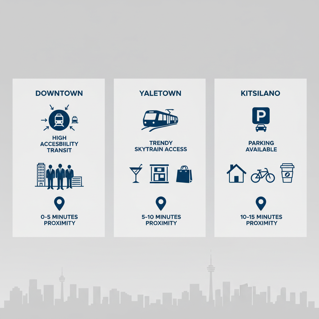 Infographic comparing key Vancouver neighborhoods Downtown, Yaletown, and Kitsilano for custom suiting accessibility and proximity