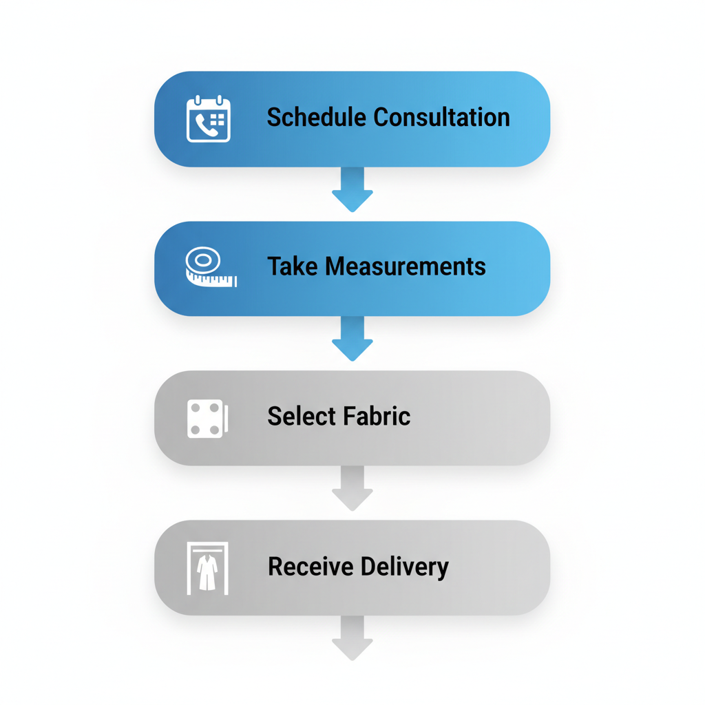 Vertical process flow diagram illustrating the five stages of creating a custom suit with Bespoke Made Suits in Vancouver