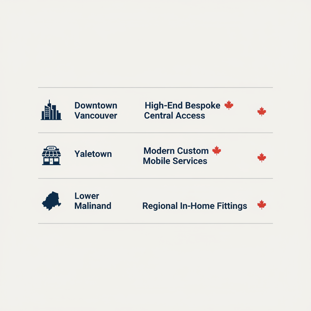 Infographic comparing bespoke suiting services across Vancouver neighborhoods: Downtown, Yaletown, and Lower Mainland