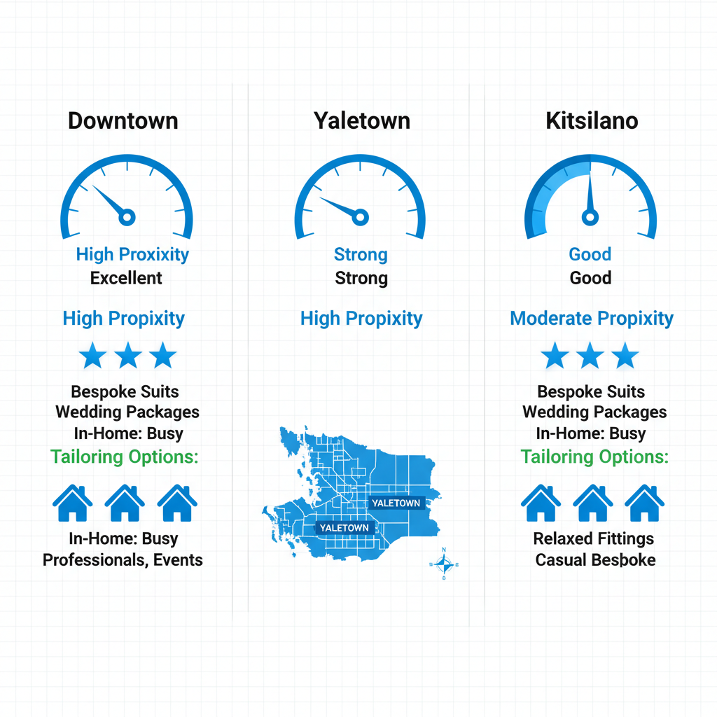 Infographic comparing custom tailoring services across Vancouver neighborhoods including Downtown, Yaletown, and Kitsilano with icons for proximity, options, and in-home suitability.