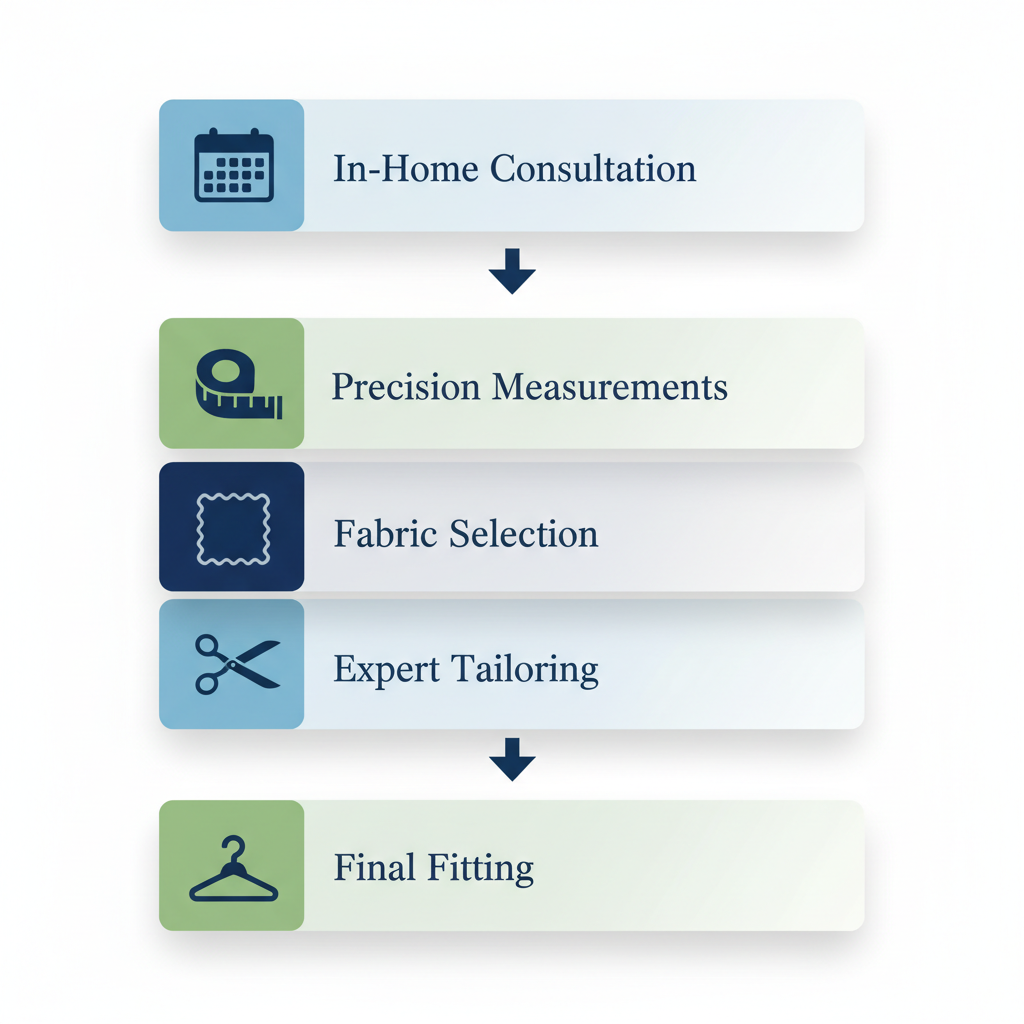 Vertical process flow diagram illustrating the five stages of custom suiting services from in-home consultation to final fitting at Bespoke Made Suits in Vancouver.