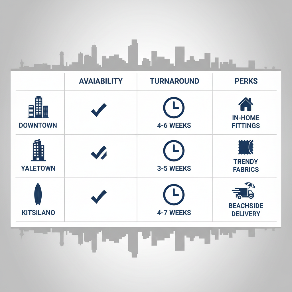 Infographic comparing custom suit tailoring options across Vancouver neighborhoods including availability, turnaround times, and perks.