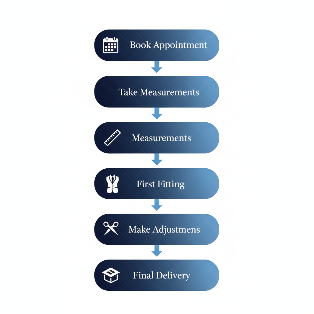 Vertical process flow illustrating the five steps to create a bespoke custom suit in Vancouver, from booking to delivery.