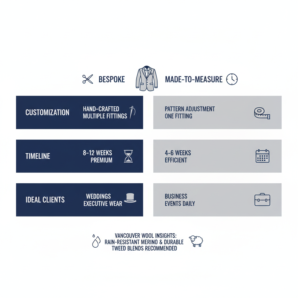 Infographic comparing bespoke and made-to-measure suits options for Vancouver, highlighting customization, timeline, and ideal uses with icons and colors.