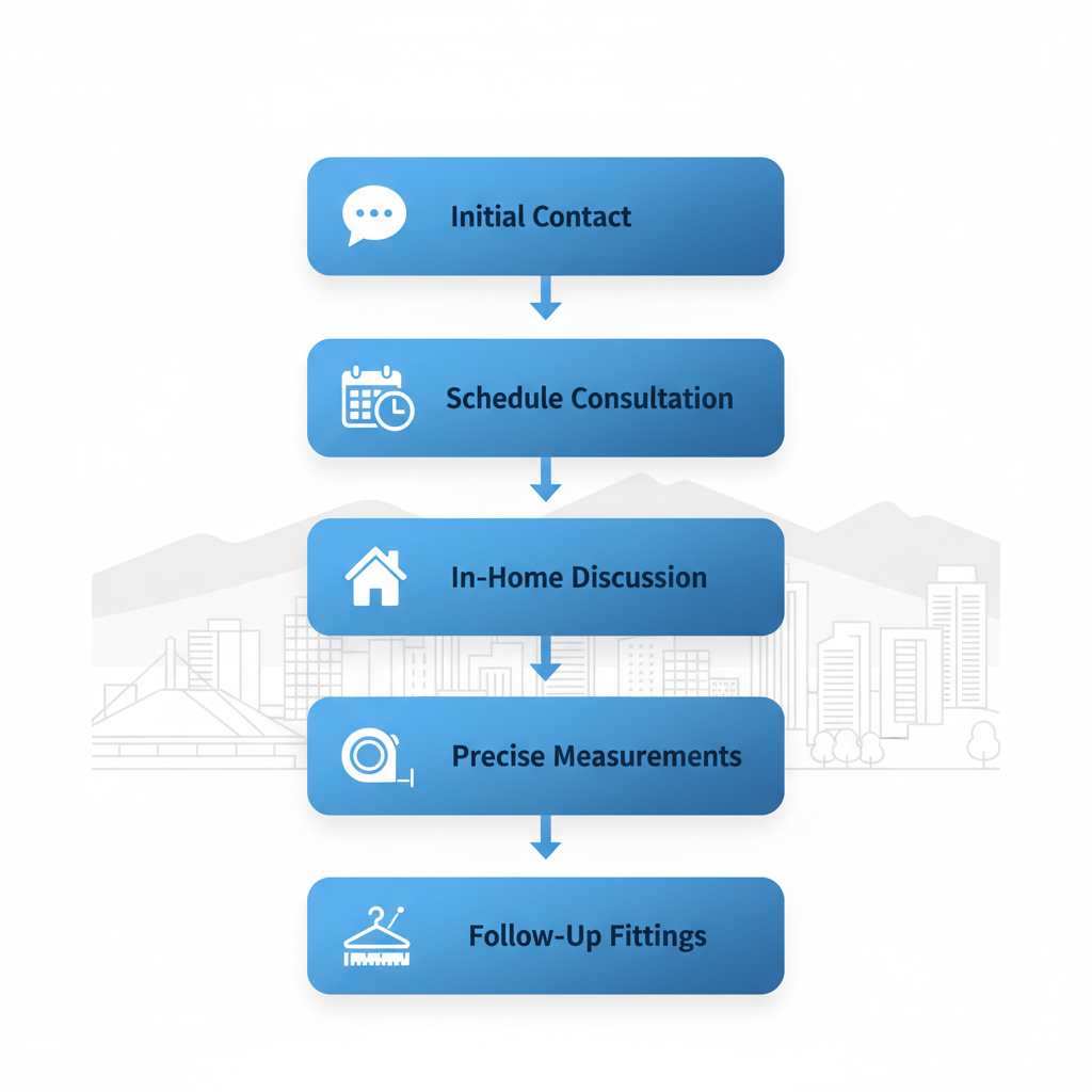 Vertical process flow diagram illustrating the five steps to begin bespoke suiting with Bespoke Made Suits in Vancouver, from initial contact to follow-up fittings.
