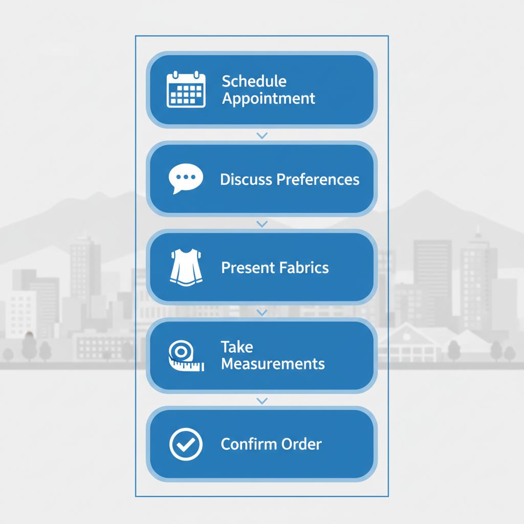 Vertical process flow diagram of in-home consultation steps for bespoke suits in Vancouver