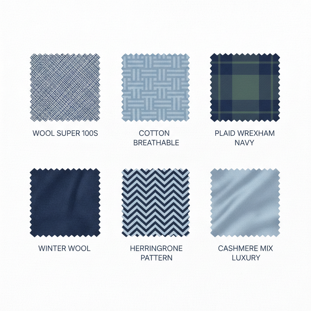 Grid of six flat fabric icons displaying wool, cotton, eco-plaid, winter wool, herringbone, and cashmere options for custom suits.