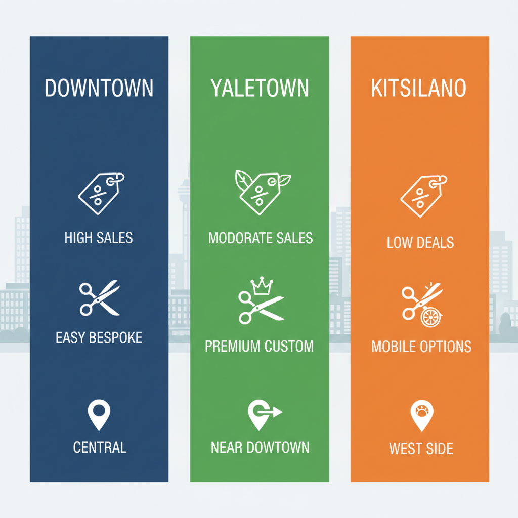 Infographic comparing suit shopping options in Vancouver's Downtown, Yaletown, and Kitsilano neighborhoods with icons for sales, tailoring, and location.