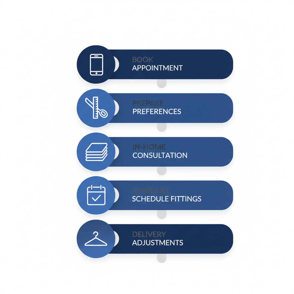 Vertical process flow diagram showing five steps to begin a custom suit journey in Vancouver: booking, preparing, consulting, scheduling, and delivery.