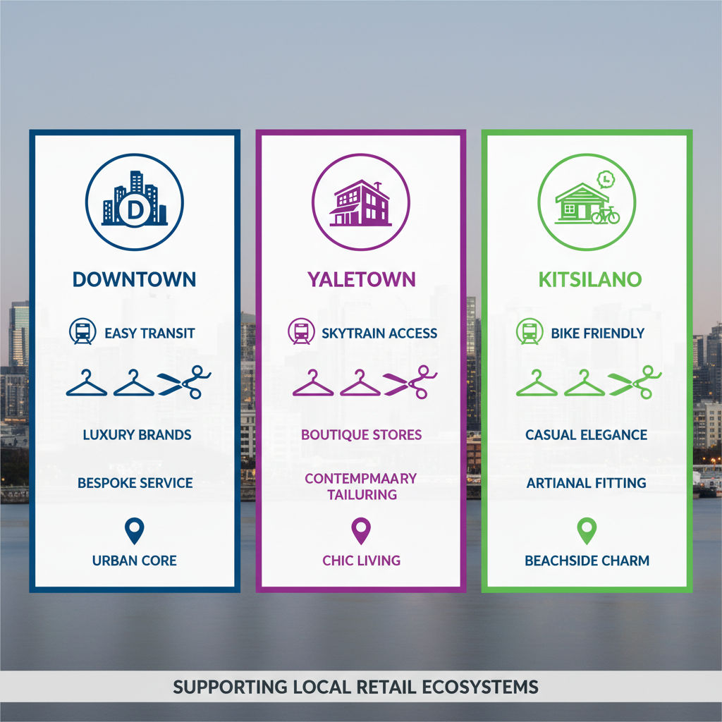 Infographic comparing Downtown, Yaletown, and Kitsilano suit shopping areas with icons for accessibility, variety, bespoke options, and proximity.