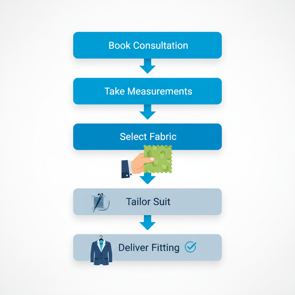 Vertical process flow diagram illustrating the five steps to creating a custom suit in Vancouver, from booking consultation to final fitting.