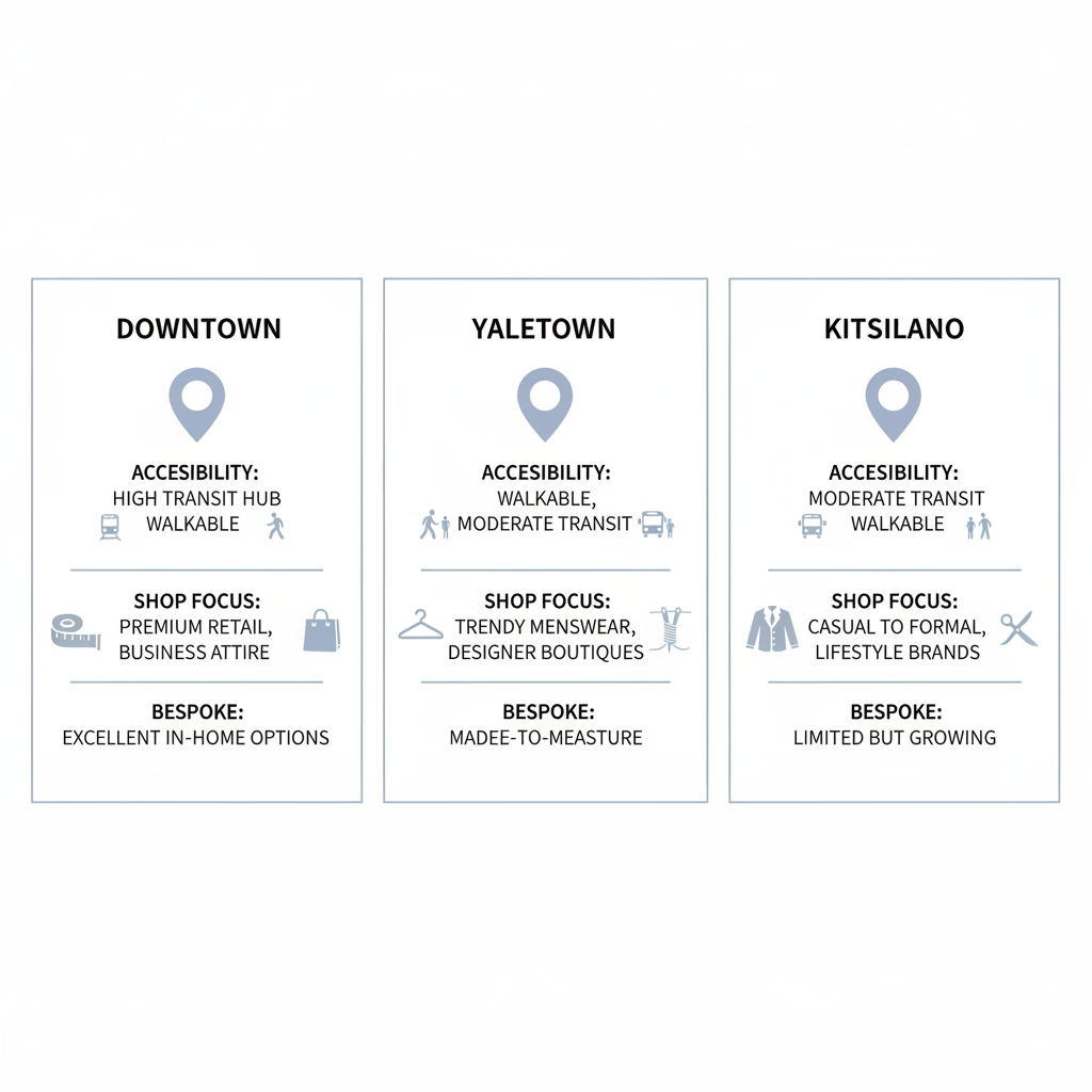 Infographic comparing suit shopping areas in Vancouver: Downtown, Yaletown, and Kitsilano with accessibility, shop focus, and bespoke options.