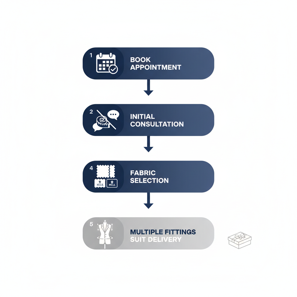 Vertical process flow diagram illustrating the five stages of bespoke suit services in Vancouver, from booking to delivery with premium fabrics.