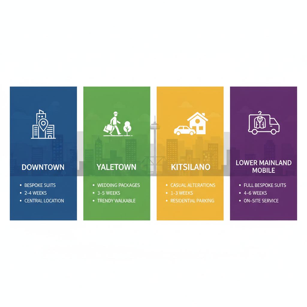 Infographic comparing tailoring services in Vancouver neighborhoods including Downtown, Yaletown, Kitsilano, and Lower Mainland Mobile