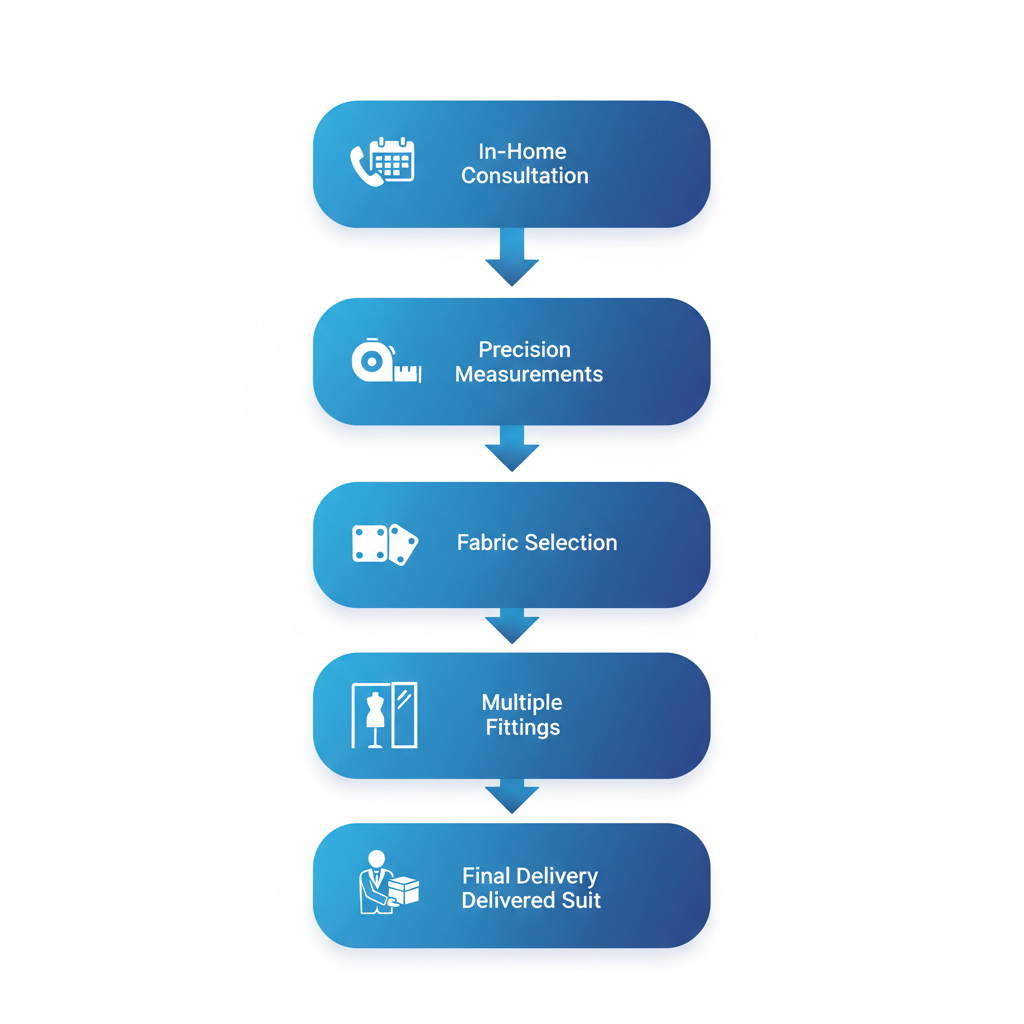 Vertical process flow diagram showing five stages of custom suit creation: consultation, measurements, fabric selection, fittings, and delivery.