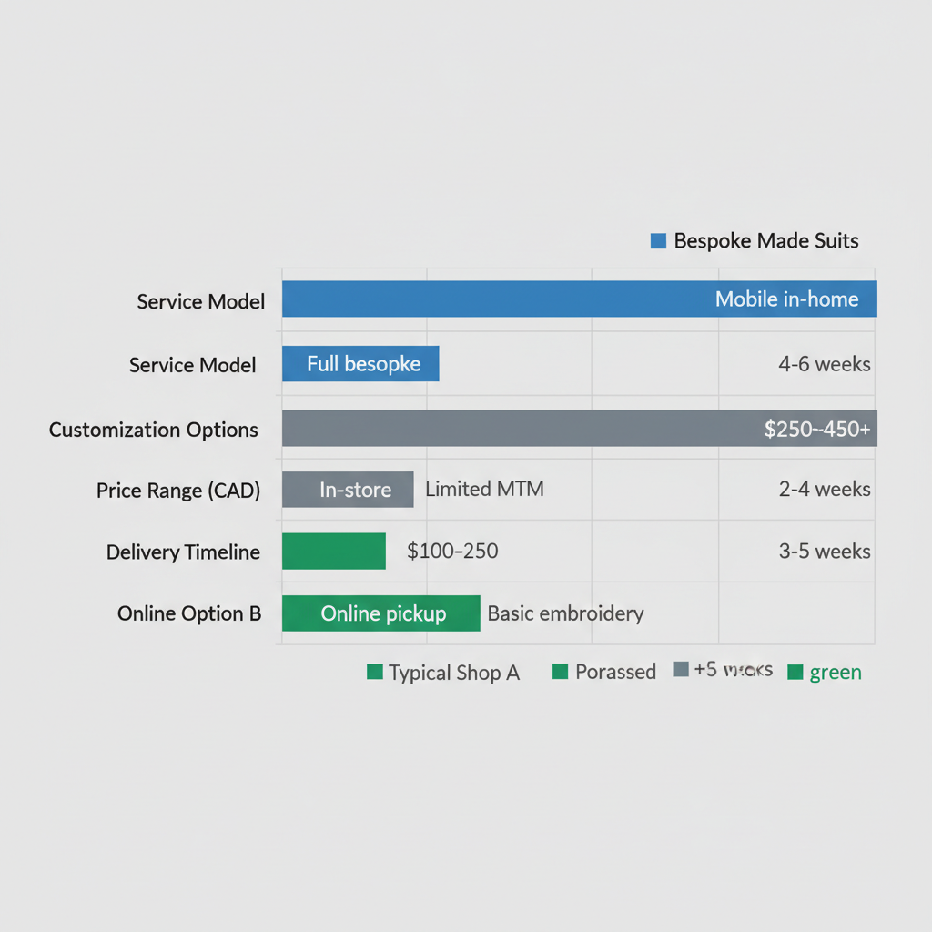 Horizontal bar chart comparing custom shirt providers in Vancouver across service model, customization, price, and delivery timeline.