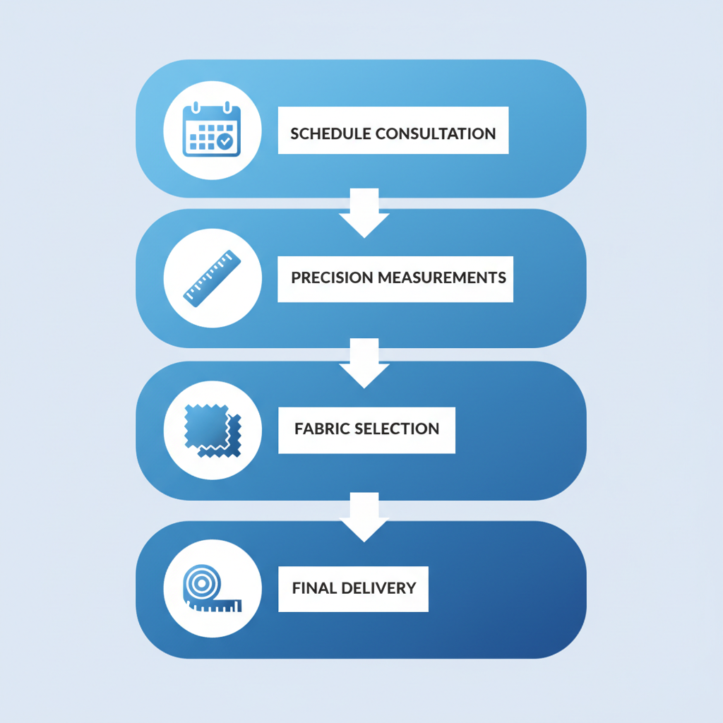 Vertical process flow illustrating the five steps to start custom shirts: scheduling in-home consultation, precision measurements, fabric selection, multiple fittings, and final delivery.