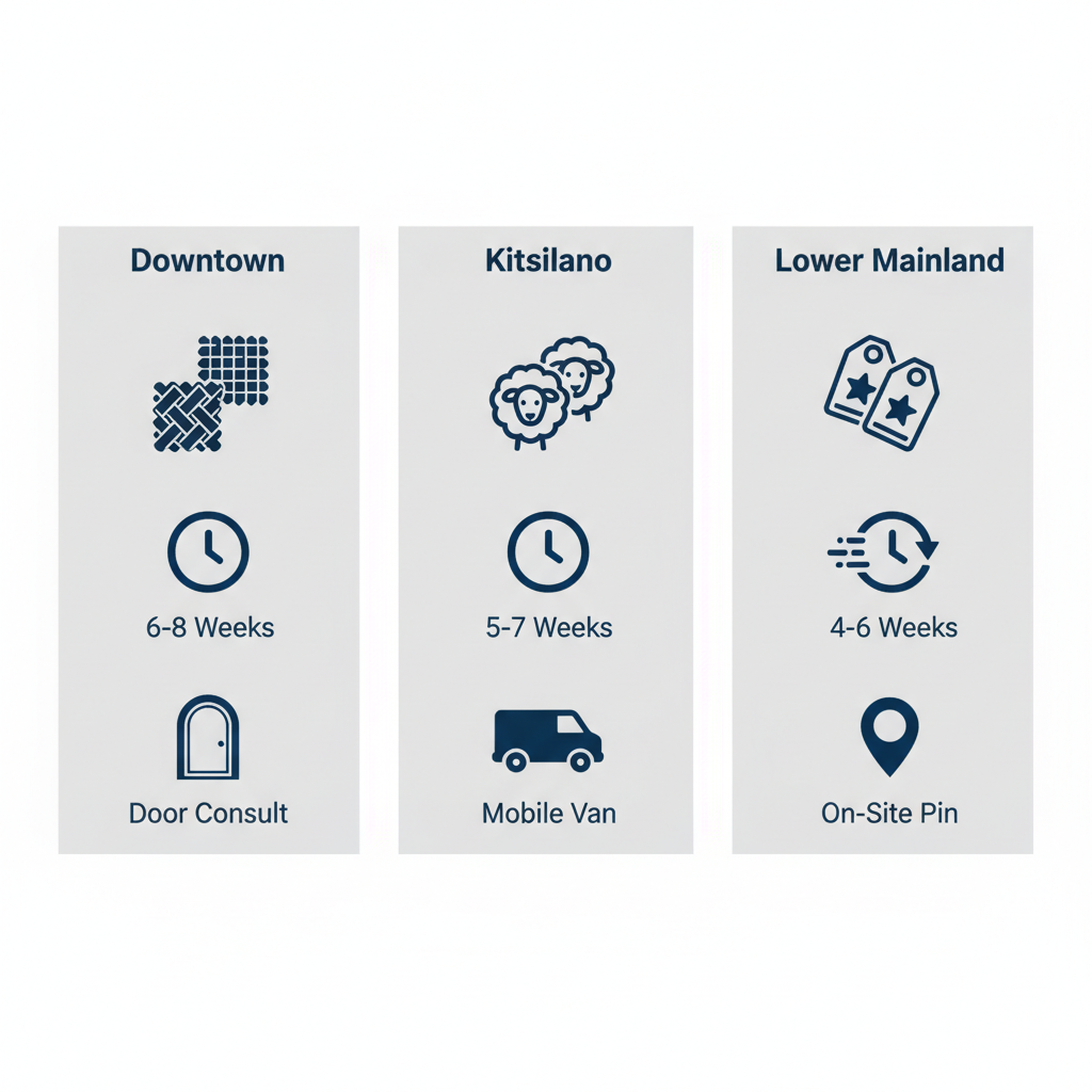 Infographic comparing bespoke suit customization options in Vancouver neighborhoods including Downtown, Kitsilano, and Lower Mainland with icons for fabrics, turnaround times, and consultation types.
