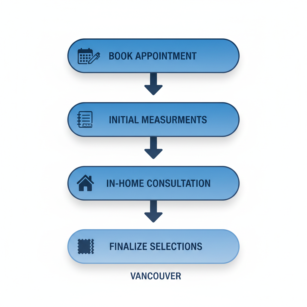 Vertical process flow diagram illustrating the five steps to begin custom tailoring: booking appointment, preparing preferences, taking measurements, in-home consultation, and finalizing selections.