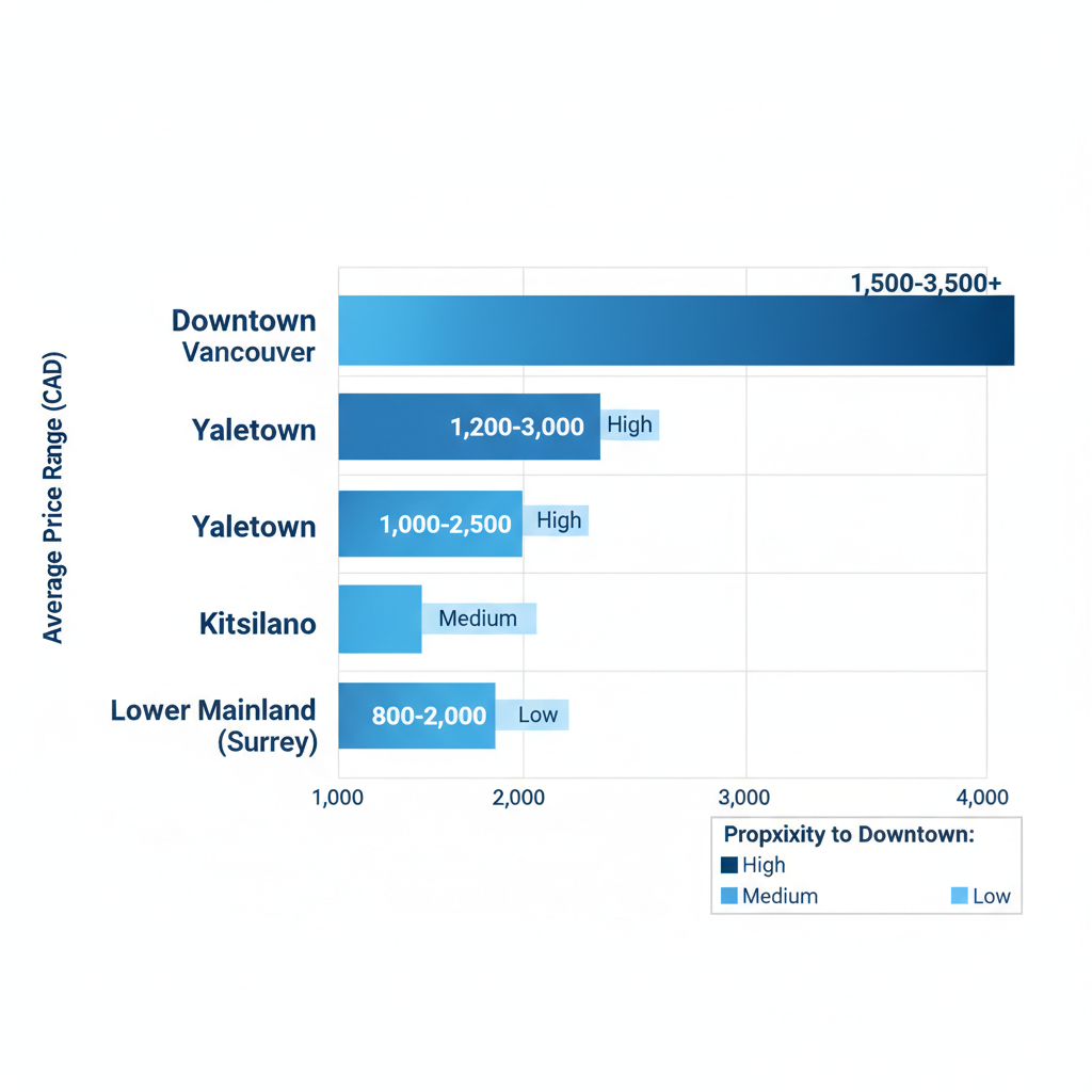 Horizontal bar chart comparing average suit price ranges and custom options in Vancouver shopping areas: Downtown, Yaletown, Kitsilano, and Lower Mainland.