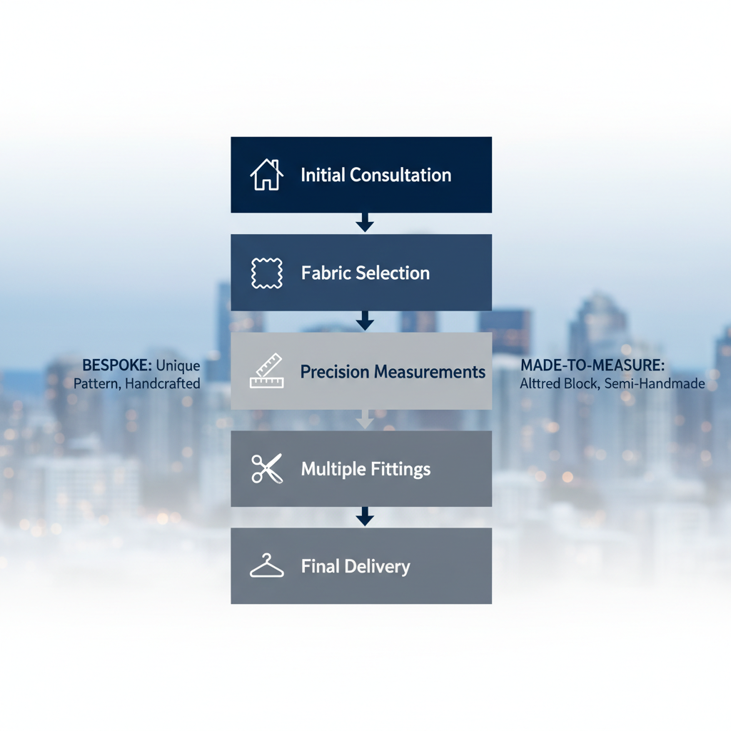 Vertical process flow diagram illustrating the five stages of custom suit services in Vancouver: initial consultation, fabric selection, precision measurements, multiple fittings, and final delivery.
