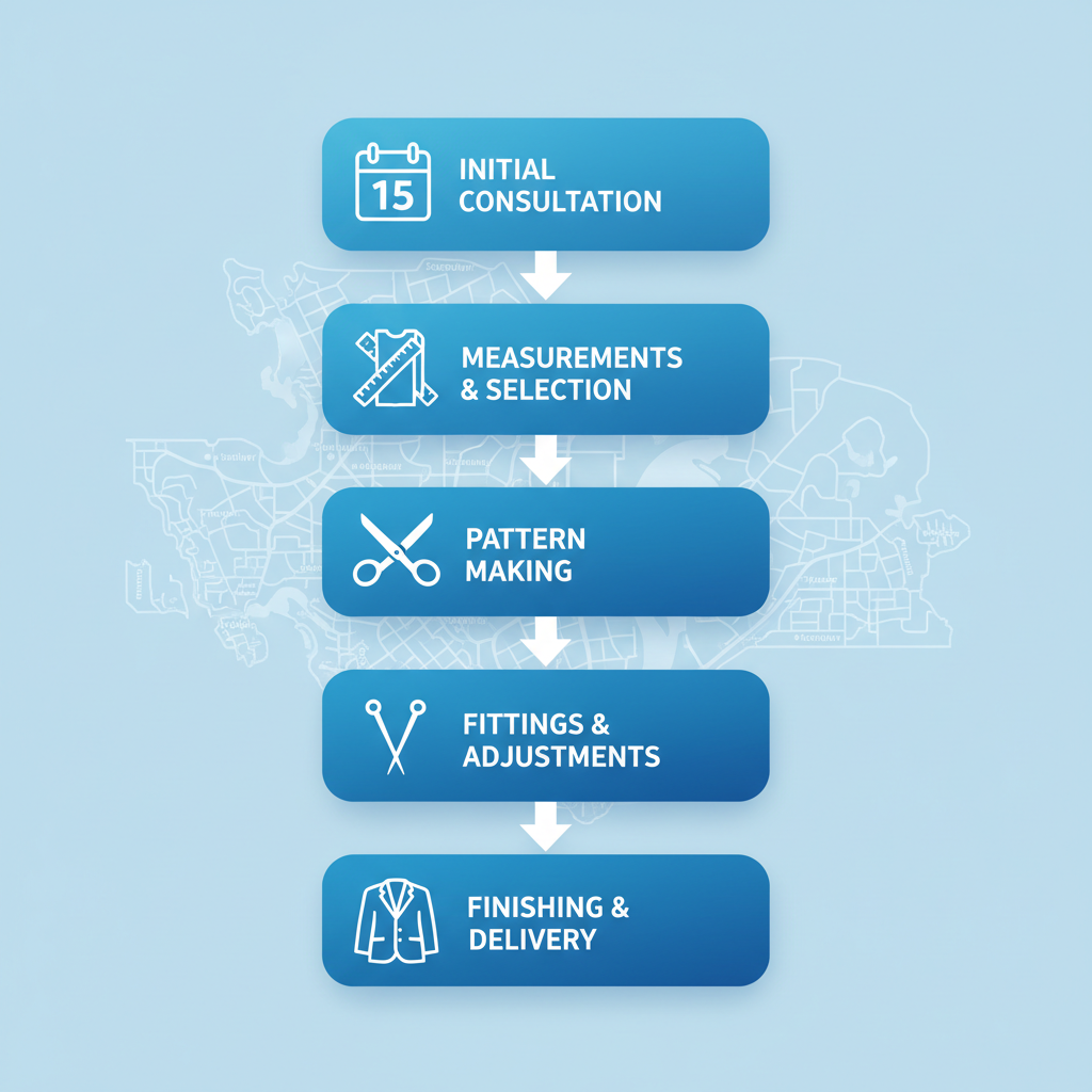 Vertical process flow diagram of bespoke suit creation stages in Vancouver with icons and arrows