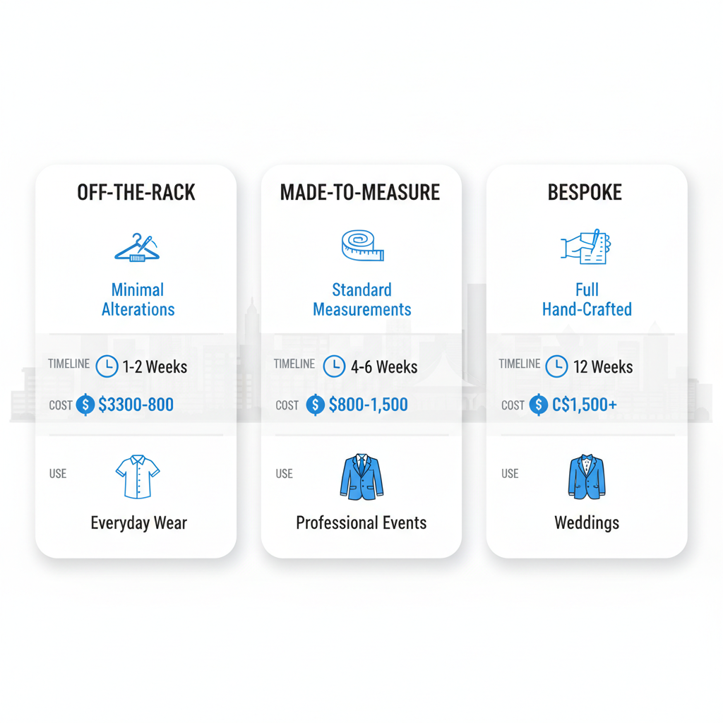 Infographic comparing Off-the-Rack, Made-to-Measure, and Bespoke suit tailoring options in Vancouver with timelines, costs, and customization icons