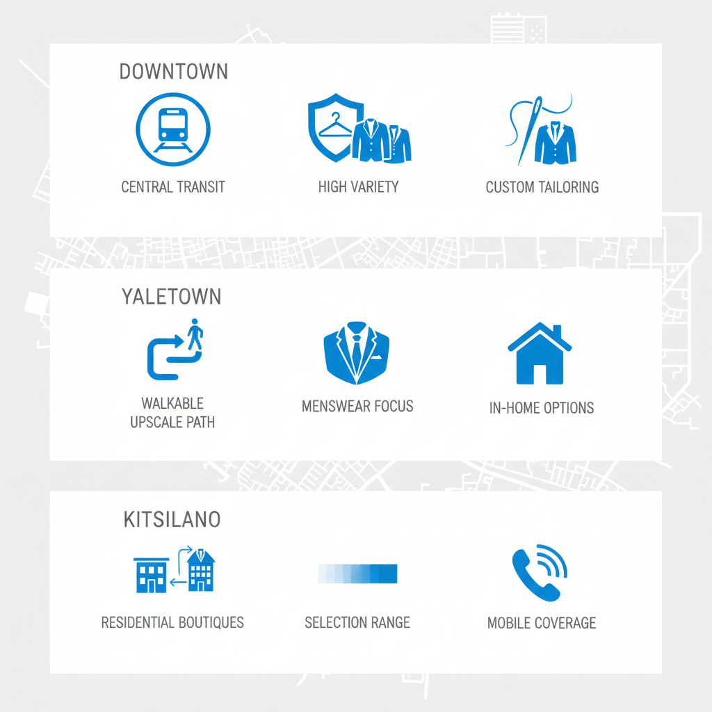 Infographic illustrating Vancouver neighborhoods for suit shopping with icons and minimal labels for Downtown, Yaletown, and Kitsilano.