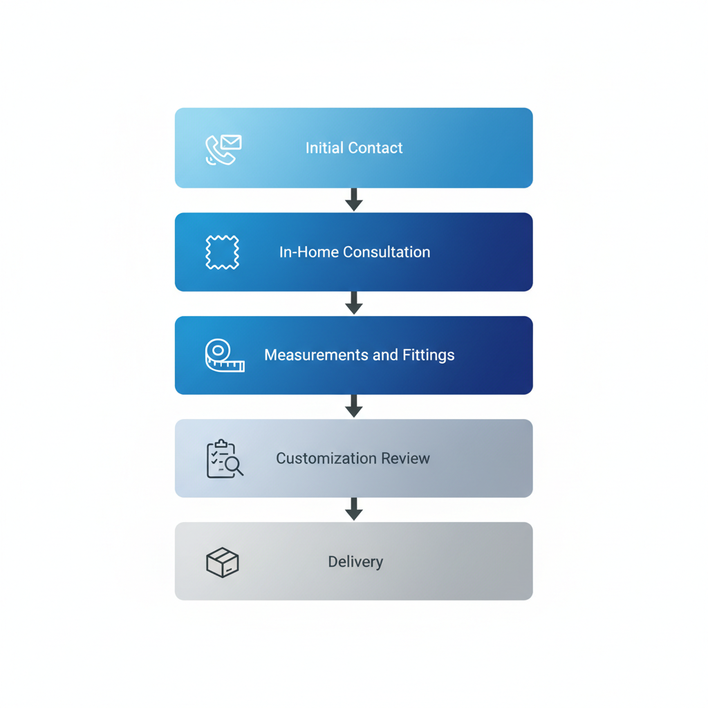 Process flow diagram showing five steps of mobile tailoring service: initial contact, in-home consultation, measurements, customization review, and delivery.