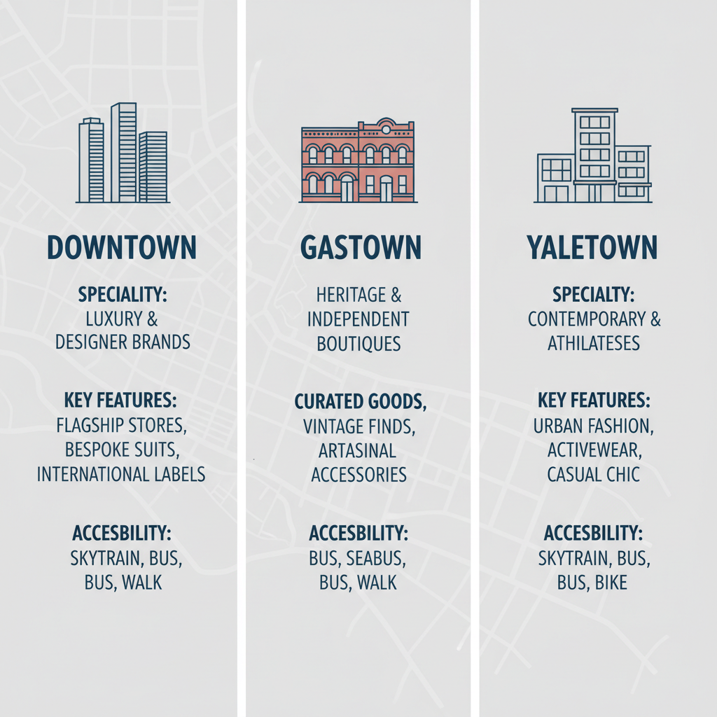 Infographic comparing Downtown, Gastown, and Yaletown as key Vancouver menswear neighborhoods with icons, specialties, features, and custom service access