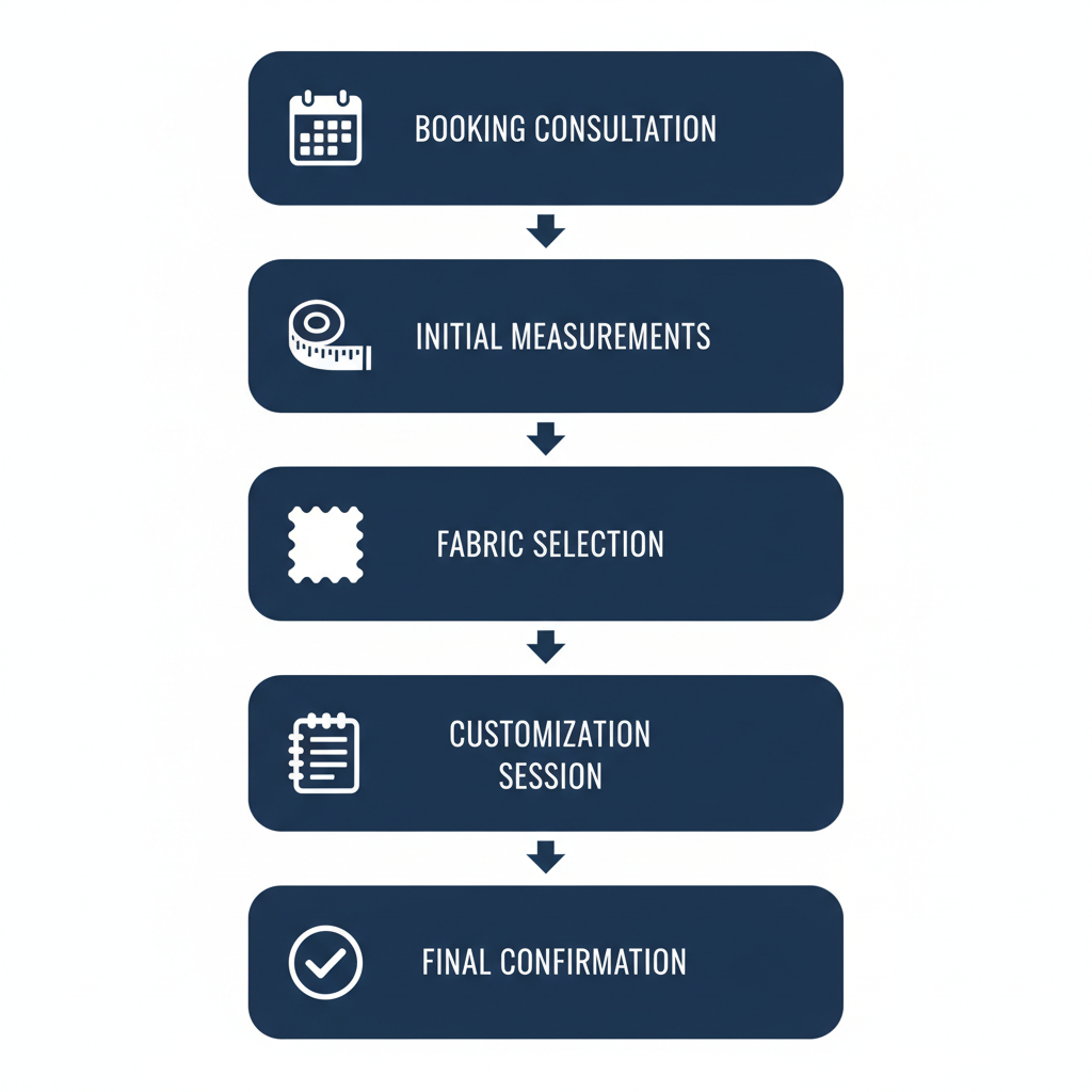 Vertical process flow diagram illustrating the five steps to start a custom menswear journey
