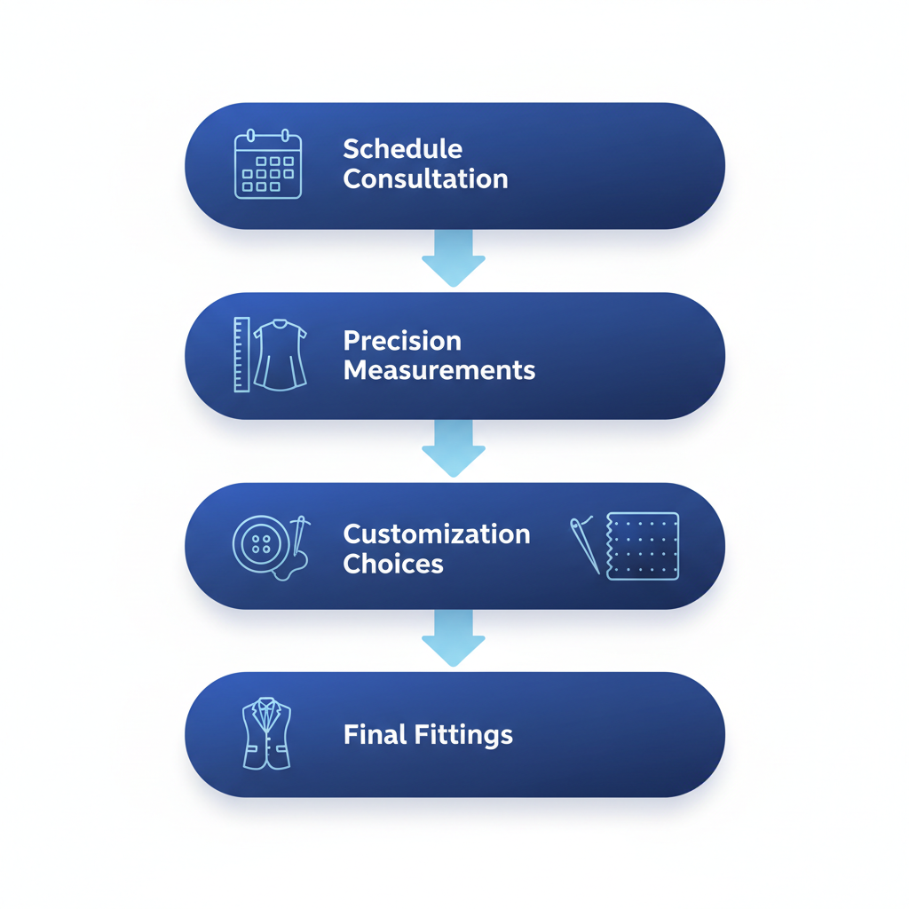 Vertical process flow diagram illustrating the steps to get started with custom men's fashion: scheduling consultation, measurements, customization, and final fittings.