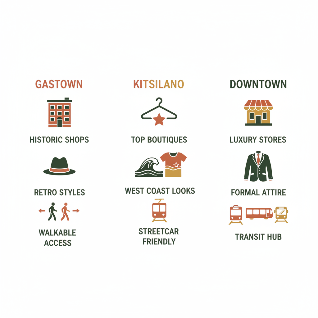 Infographic comparing Gastown, Kitsilano, and Downtown Vancouver neighborhoods for men's fashion, highlighting styles, stores, and accessibility.