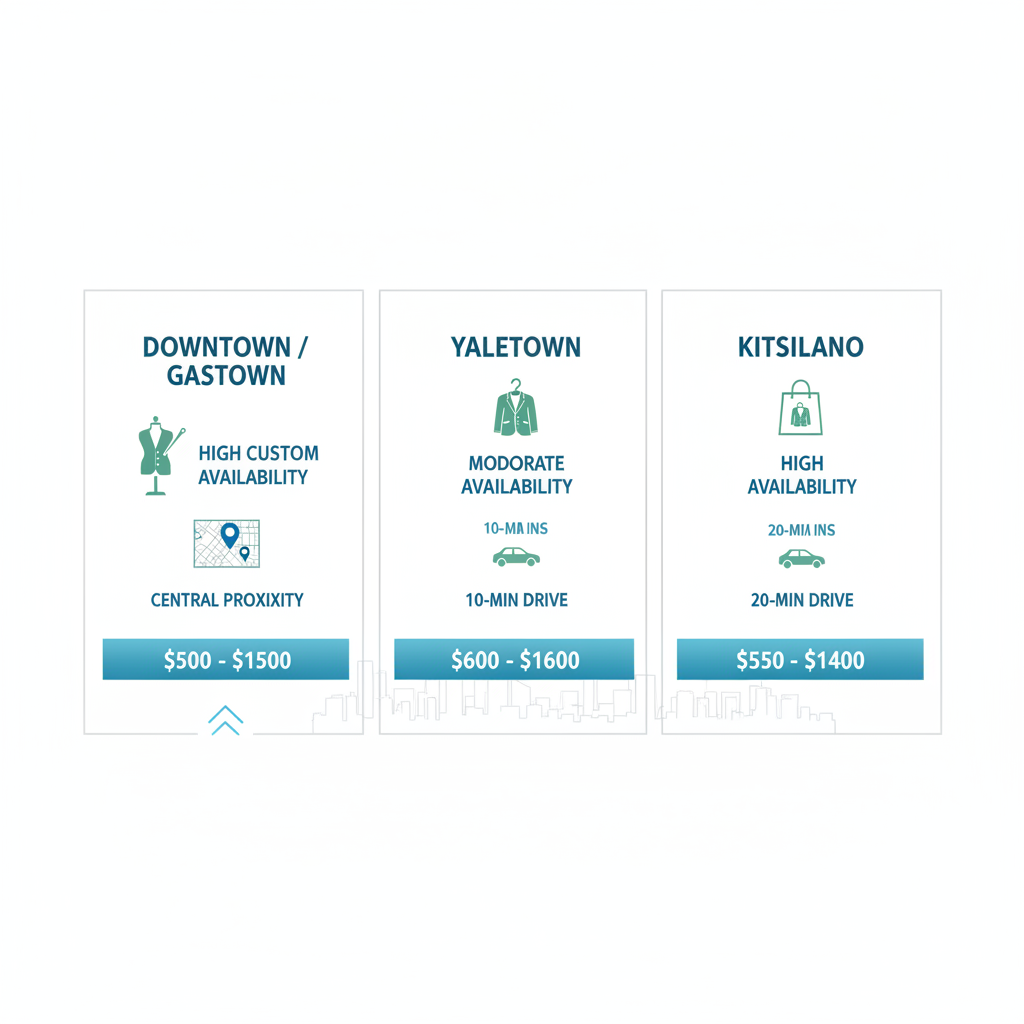 Infographic comparing men's blazer custom options, proximity, and pricing in Vancouver's Downtown/Gastown, Yaletown, and Kitsilano neighborhoods