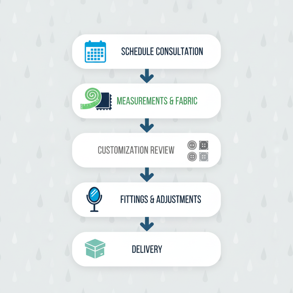 Vertical process flow chart showing five steps for acquiring a custom blazer in Vancouver, from consultation to delivery.