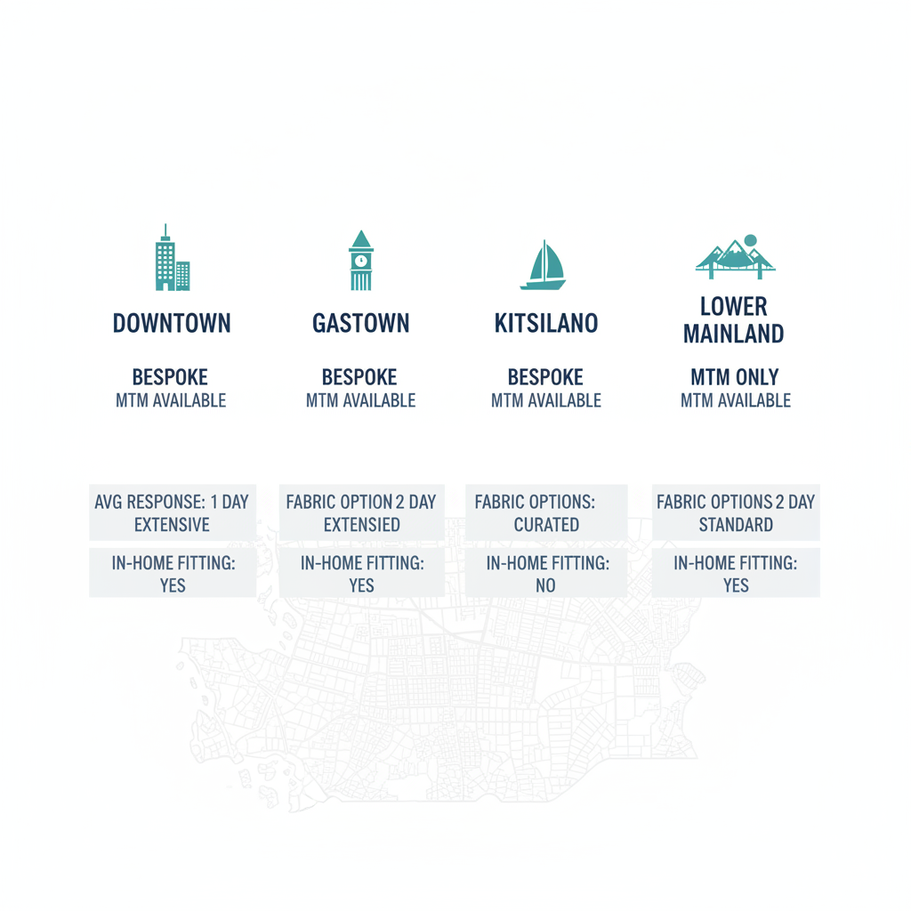 Infographic comparing suit tailoring services across Vancouver neighborhoods including service types, response times, fabric options, and in-home fittings