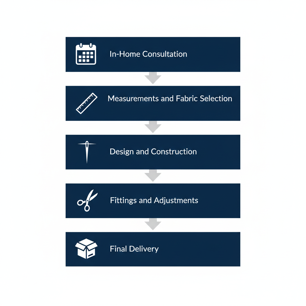 Vertical process flow diagram illustrating the custom suit service timeline from in-home consultation to final delivery with icons and stage labels