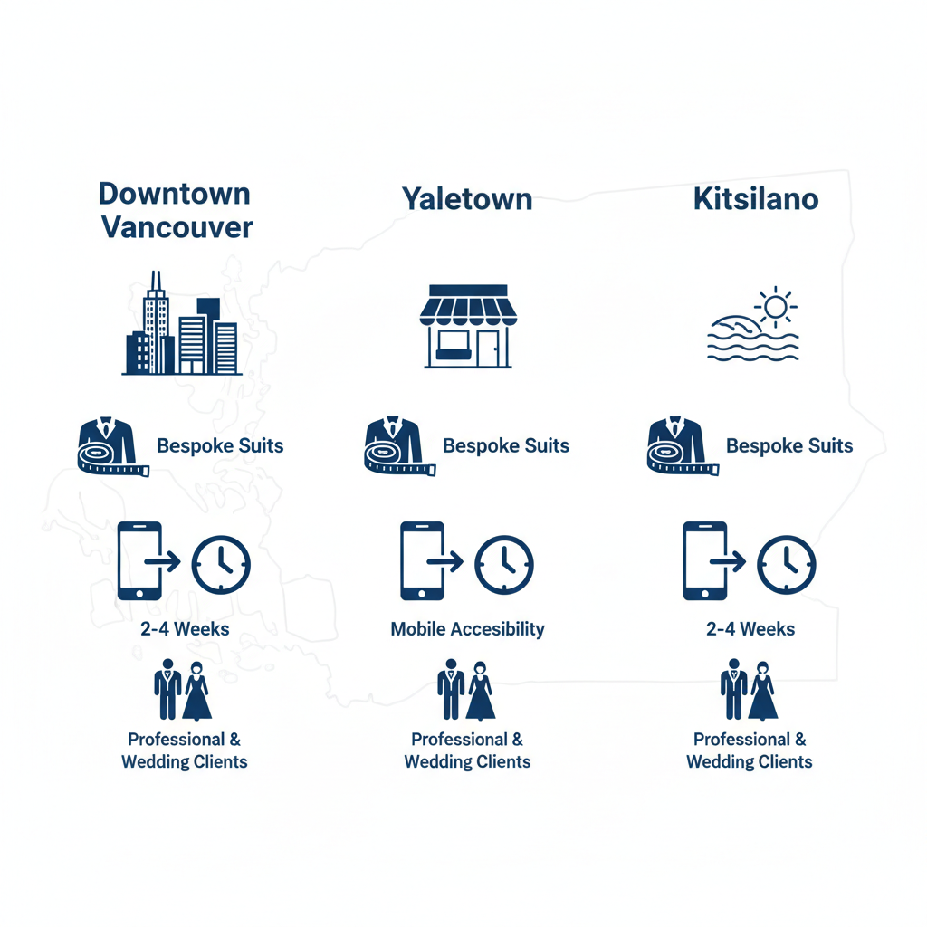 Infographic comparing tailoring services in Vancouver neighborhoods: Downtown with skyline, Yaletown boutique, Kitsilano beach; including specializations, accessibility, turnaround times, and client focuses.