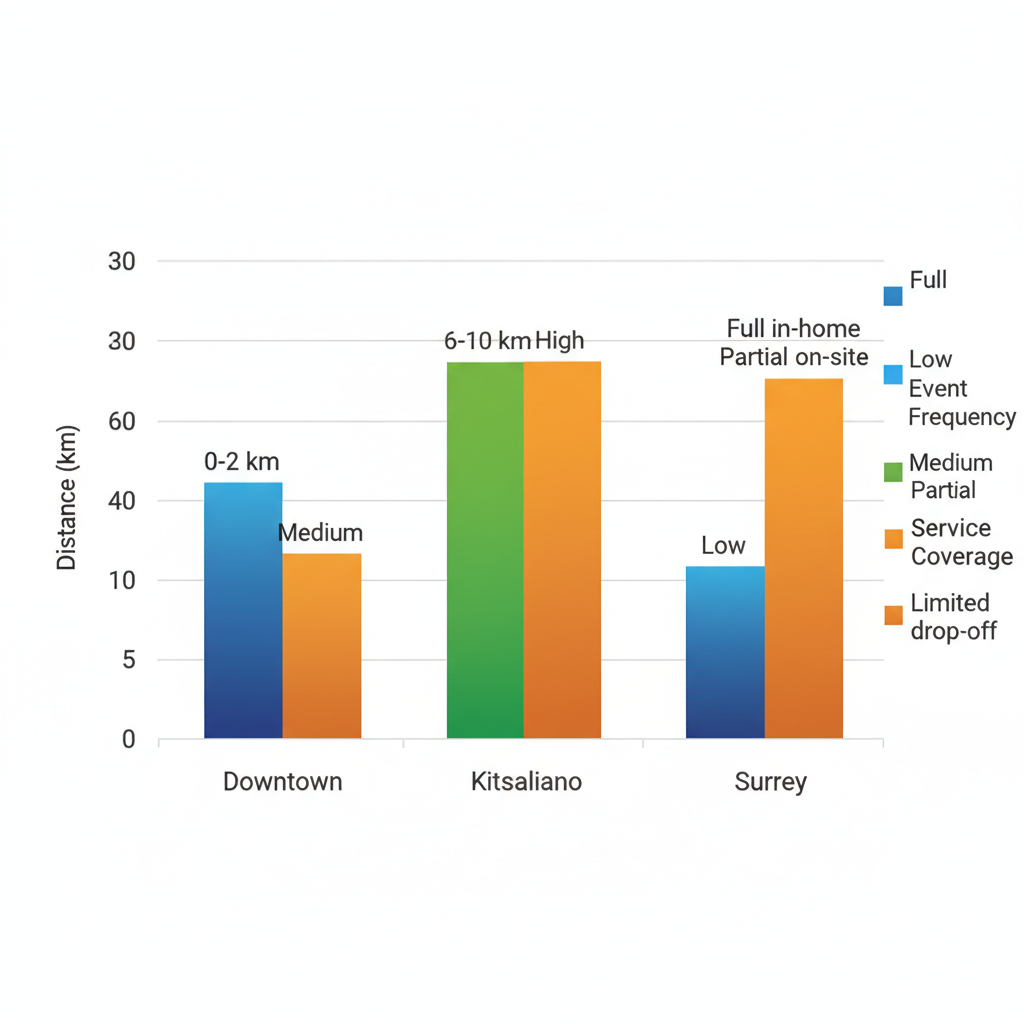 Bar chart showing distances, event frequencies, and service coverage for tuxedo services in Vancouver neighborhoods: Downtown, Kitsilano, and Surrey.