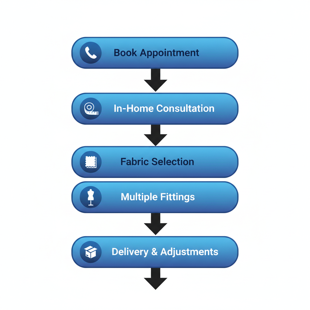 Vertical process flow diagram illustrating the five steps to start tuxedo services: book appointment, in-home consultation, fabric selection, fittings, and delivery with icons.