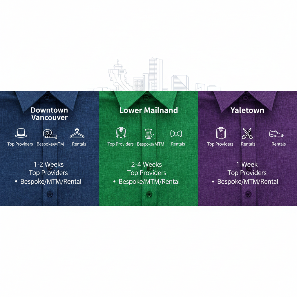 Infographic showing Vancouver's tuxedo shirt options across Downtown, Lower Mainland, and Yaletown with icons for providers, customization, rentals, and lead times.